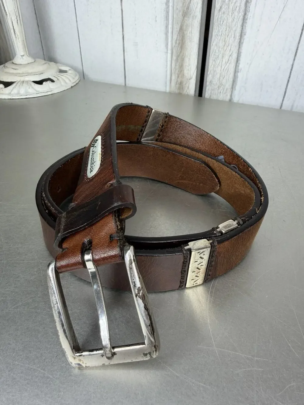 Vintage Columbia Mens Belt Brown Leather Brass Buckle Western Accent Size Large